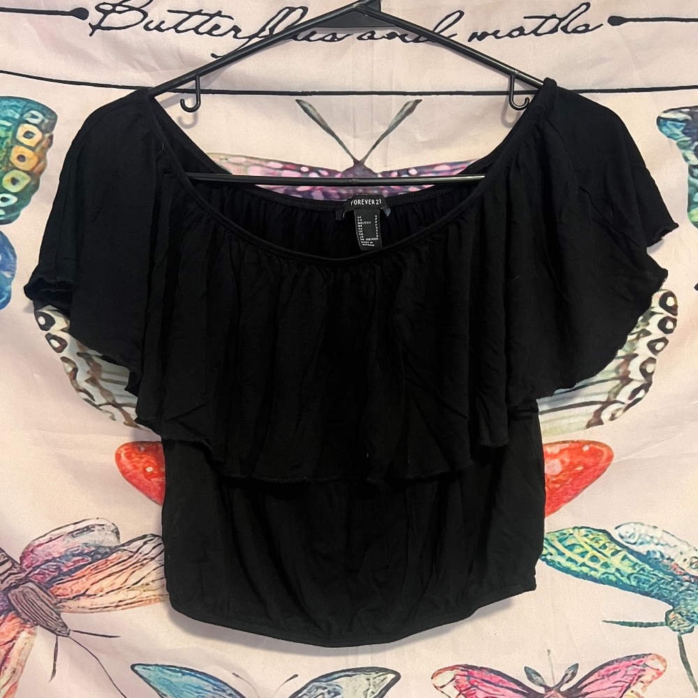 Flowy Black Off the Shoulder Cropped Blouse